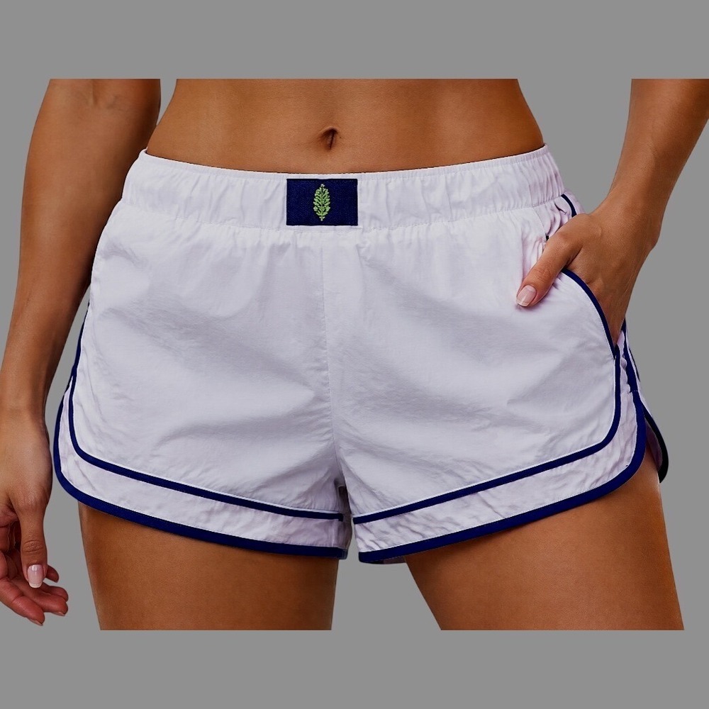 FREE PEOPLE FP MOVEMENT Varsity Blues Shorts SILVERY WHITE w/Royal Blue SIZE M